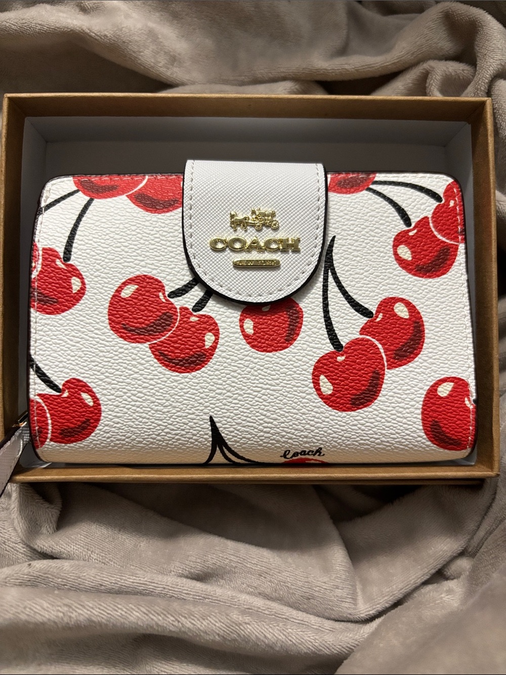 Coach White Leather Wallet with Red Cherry Print